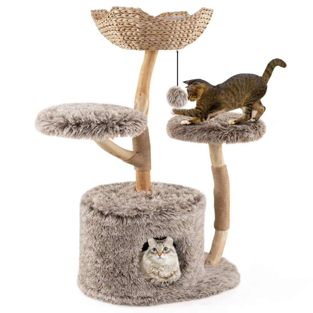 Albero per gatti in legno di pero 105 cm-Torre per gatti con piattaforme e casa pile lungo e pallina pendente Naturale