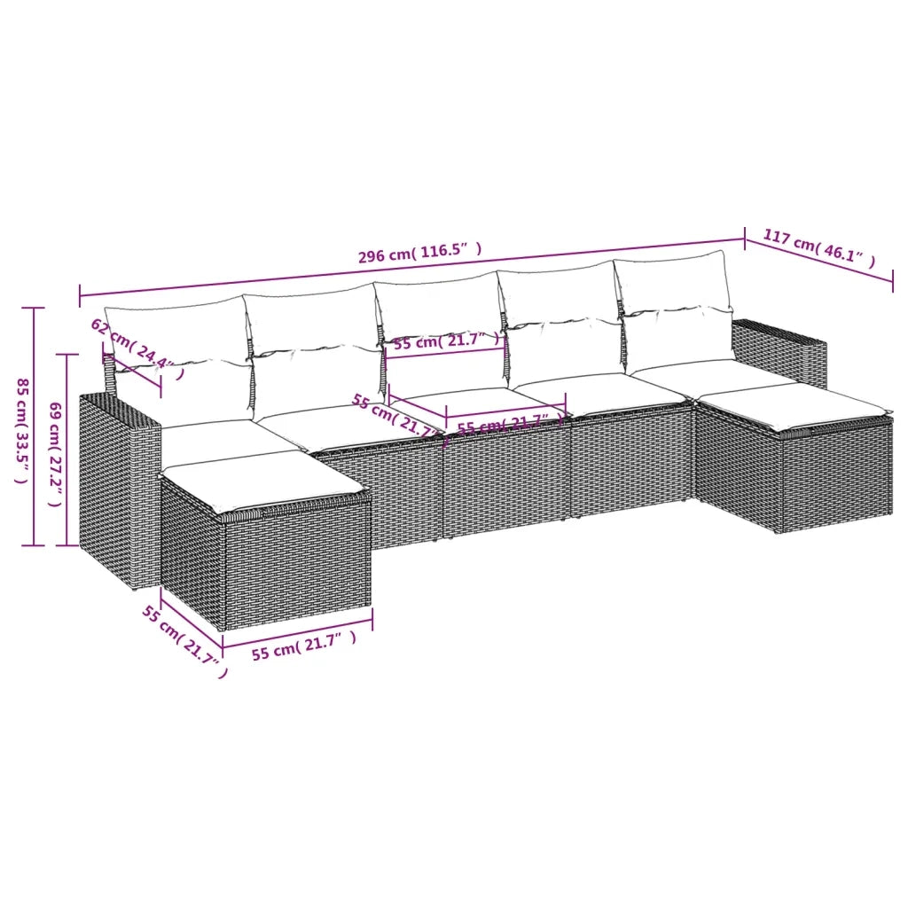 Set Divani da Giardino 7pz con Cuscini Grigio Chiaro Polyrattan