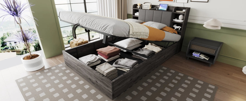 DESMIU Letto contenitore 140 × 200 cm 2 posti con USB, Type-C, ripiani testiera, senza materasso, grigio
