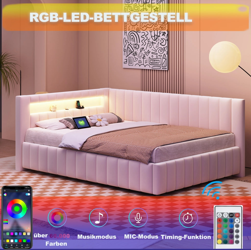 Divano letto angolare imbottito in velluto 140x200 cm con LED; USB e testiera Beige