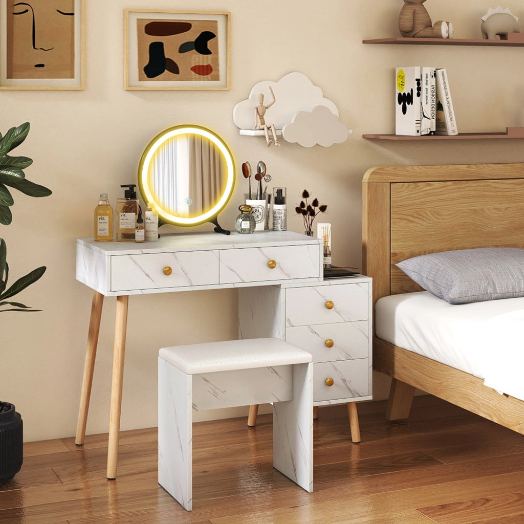 Tavolo da trucco specchio rimovibile luci 3 modalità 5 cassetti marmo finto gambe legno-Set toeletta sgabello morbido imbottito