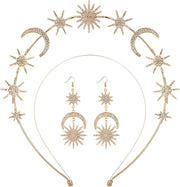 Corona Celeste con Stelle e Cristallo - Godetto per Capelli in Oro - Accessori di Festa per Cosplay - Gioielli Celestiali con Orecchini - Tiara da Sposa per Abito da Sposa - Metallo Lucente - Halo Stellare.