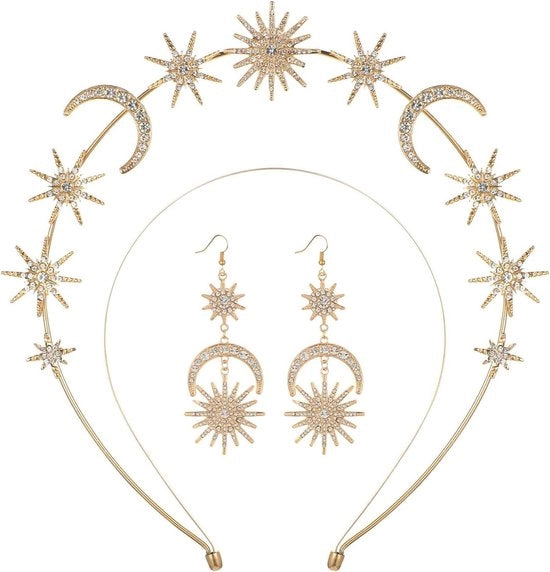 Corona Celeste con Stelle e Cristallo - Godetto per Capelli in Oro - Accessori di Festa per Cosplay - Gioielli Celestiali con Orecchini - Tiara da Sposa per Abito da Sposa - Metallo Lucente - Halo Stellare.