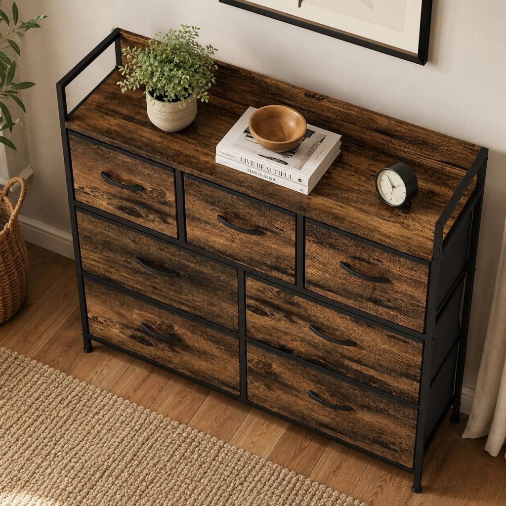 Cassettiera 98x29x85 cm con 7 cassetti pieghevoli; struttura in acciaio; poliestere marrone