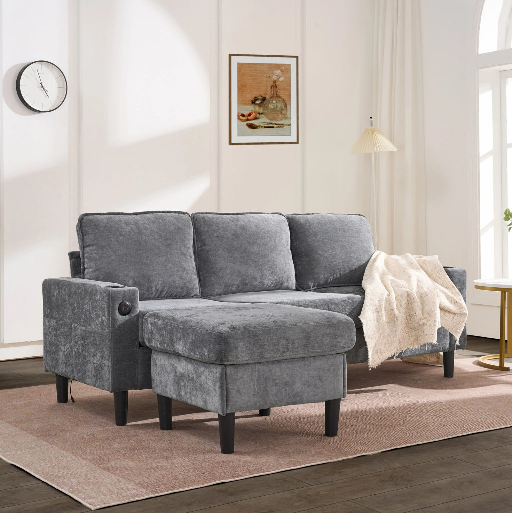 Divano angolare ULEVR 202x137 cm con pouf modulabile, 2 USB, Type-C e portabicchieri, grigio in lino