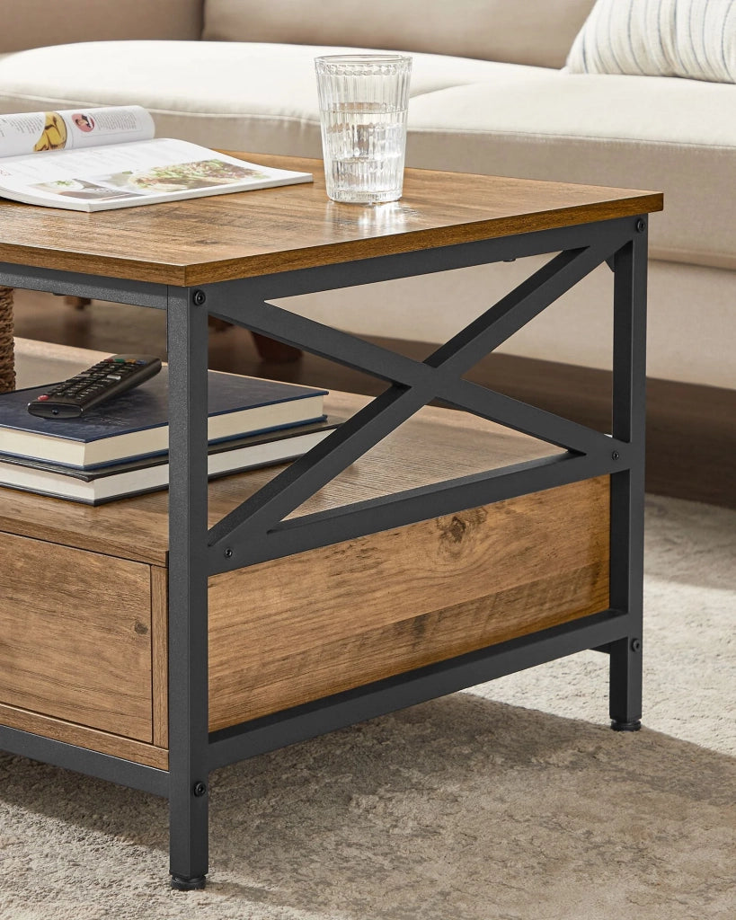 Tavolino da caffè tavolo da soggiorno credenza bassa con 2 cassetti e un vano aperto struttura in acciaio a forma di X 100 x 55 x 45 cm stile industriale marrone 12_0007486