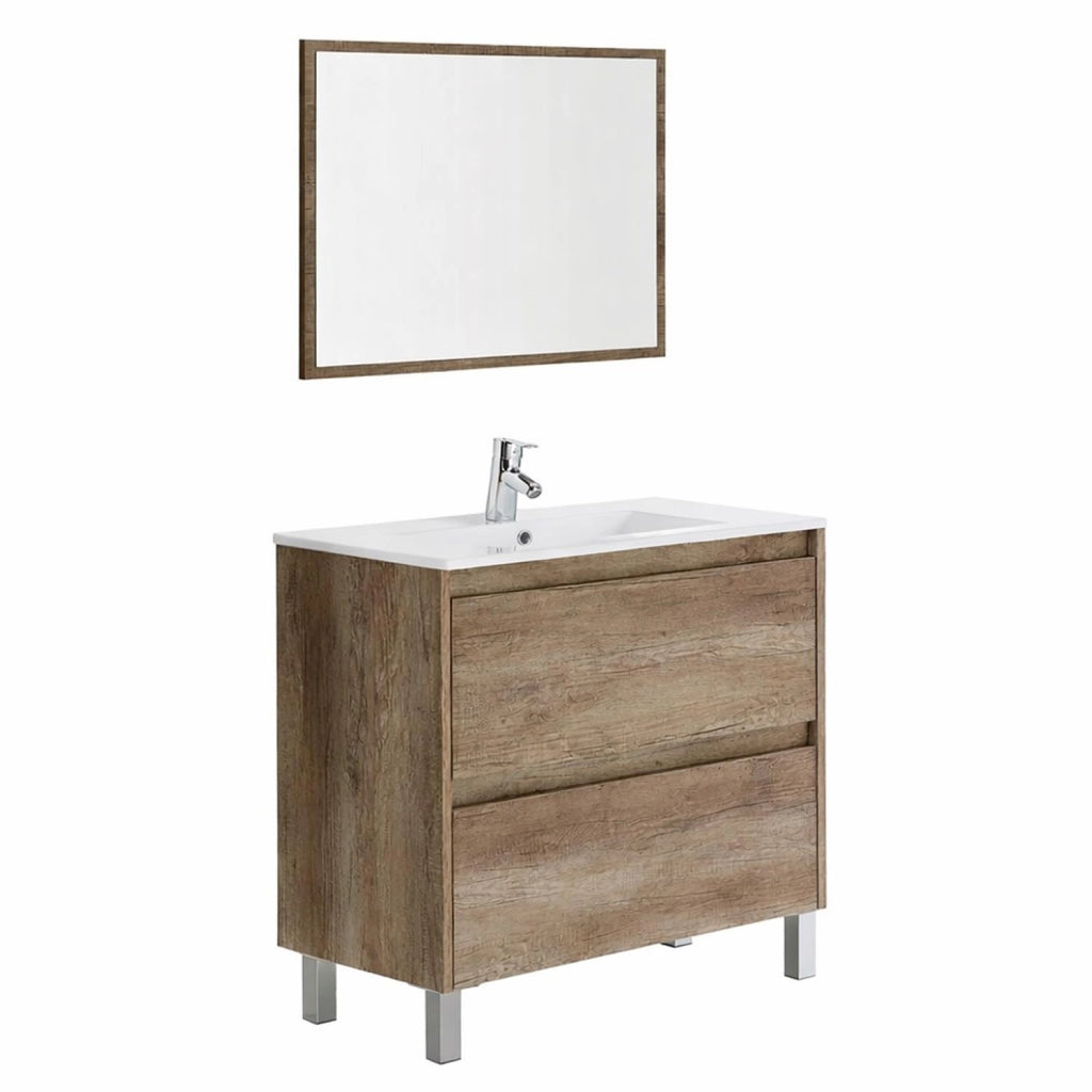 Mobile Bagno Con Lavandino In Ceramica E Specchio Abbinato 2 Cassettoni Ammortizzati Stile Essenziale 80 x 45 x 80 Cm Finitura Quercia