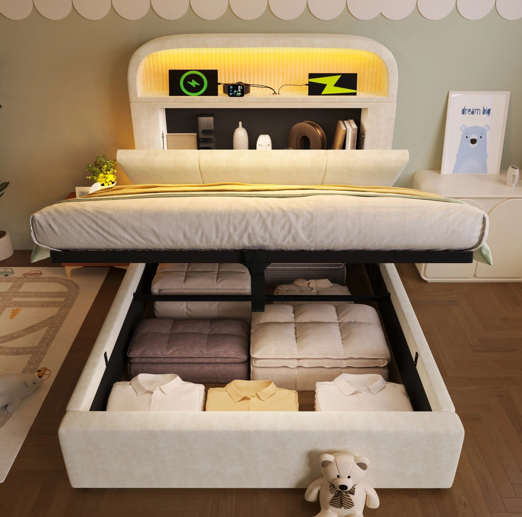 Letto singolo 90x200 cm con contenitore; testiera regolabile; LED e porta USB C; velluto beige