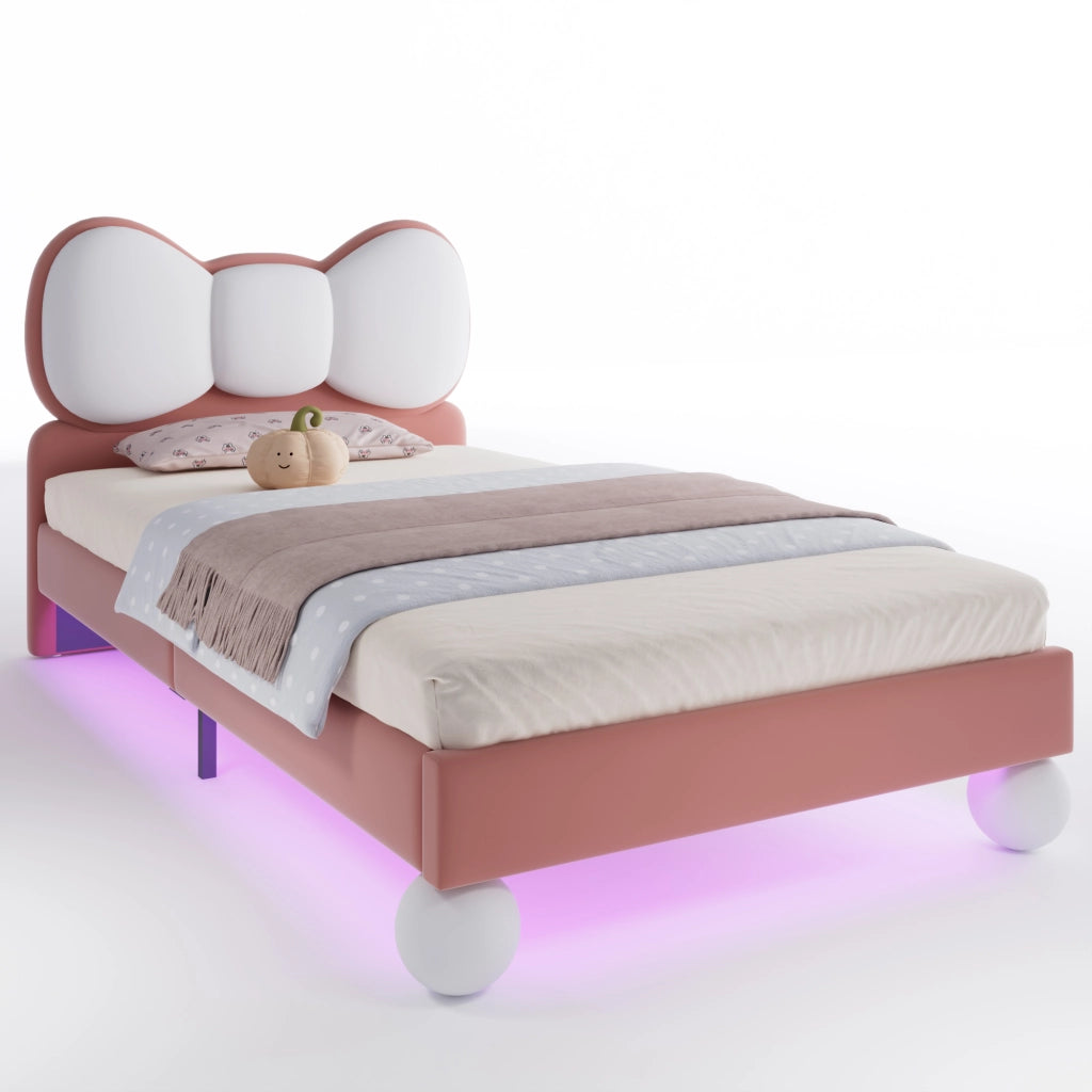 Letto per Bambini 90×200 cm; Letto Singolo con LED Regolabile e Testiera a Farfalla; senza Materasso; Velluto Rosa e Beige