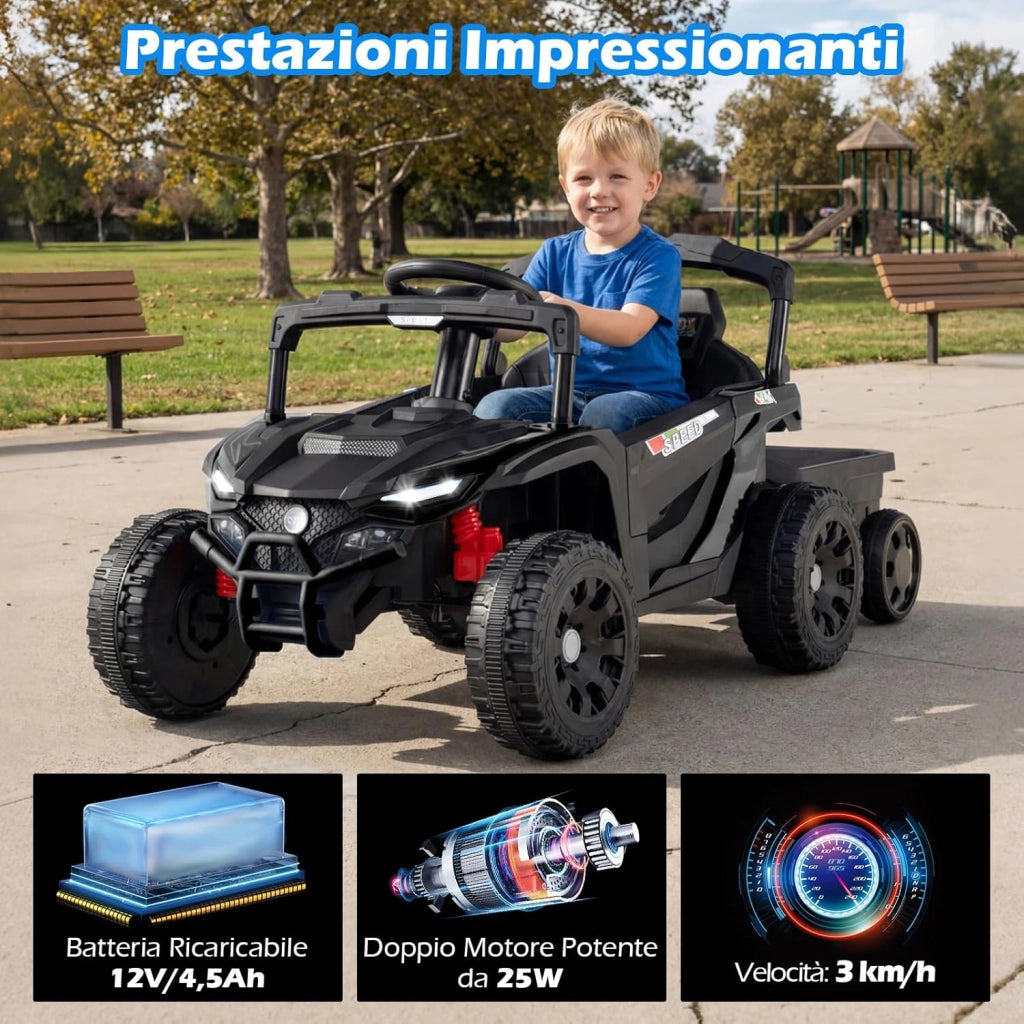 Macchina Elettrica per Bambini UTV con Rimorchio Staccabile, 12V Trattore con Telecomando, Sospensioni a Molla, Luci e Musica, Veicolo Elettrico per Bambini 3+ Anni (Nero)