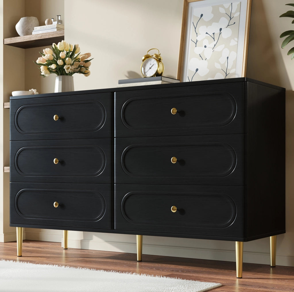 Credenza nera con 6 cassetti e gambe in metallo 120 cm