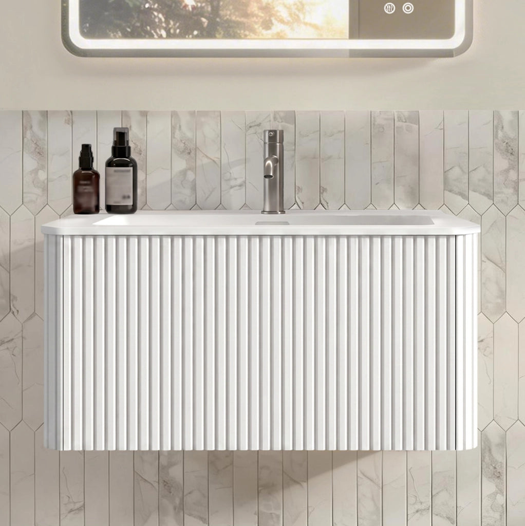 Mobile bagno sospeso bianco 80 cm con lavabo in mineralguss e ante scanalate