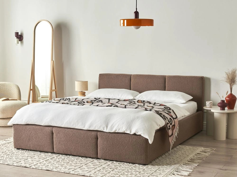 Letto matrimoniale in tessuto bouclè bianco sporco con contenitore 160 x 200 cm Testiera Rivestita Funzione Contenitore
