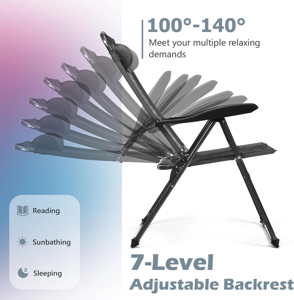 Set 2 Pezzi Sedie da Giardino Pieghevole, Sedie da Esterno con Schienale Alto Regolabile in 7 Posizioni, con Poggiatesta Rimovibile, Sedia a Sdraio Reclinabile per Terrazzo (grigio)