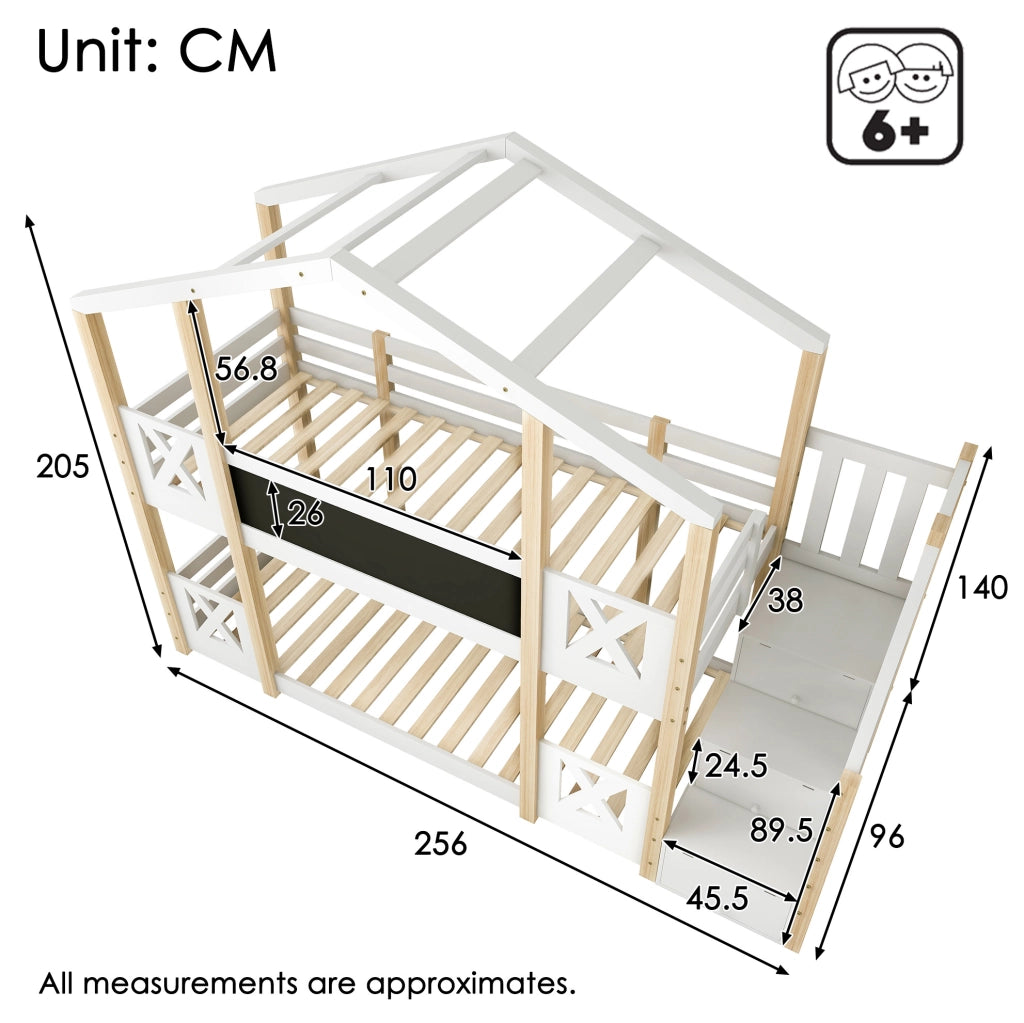 Letto a soppalco per bambini 90x200 cm in legno bianco e naturale con scala contenitore