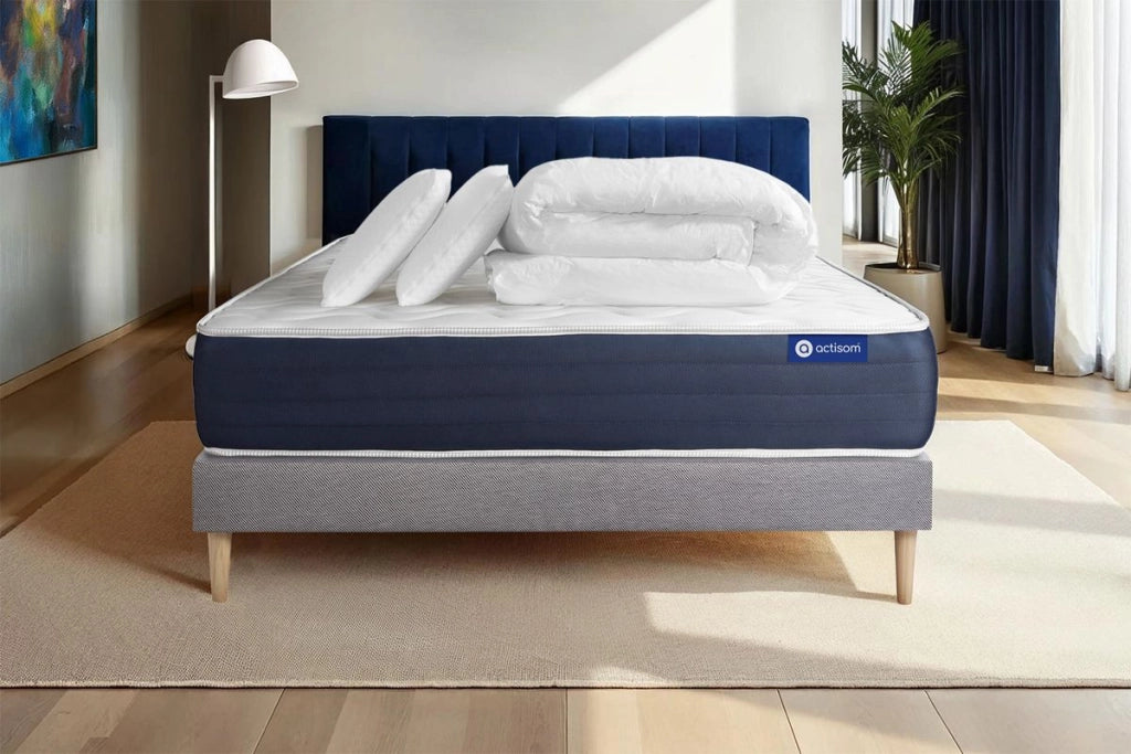 Pacchetto letto completo - Materasso 140x190cm + Box spring con doghe (in kit) + 2 cuscini + Piumino - Actilatex Sleep