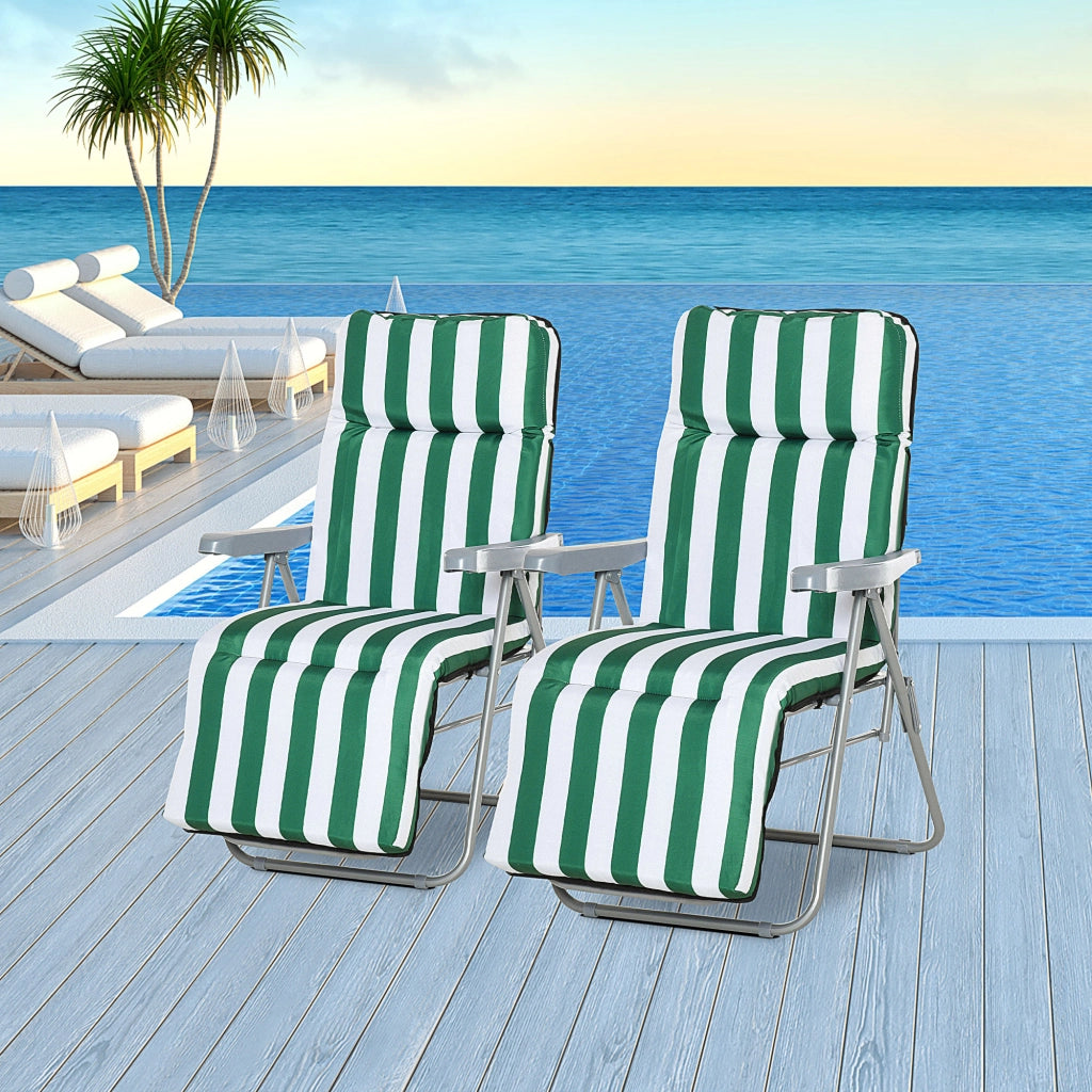 Sedia Sdraio da Spiaggia da 2 Pezzi Pieghevole e Reclinabile, Lettini Prendisole da Giardino con Cuscino Imbottito, Verde e Bianco