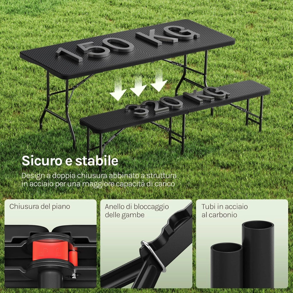 Set Birreria 3 Pezzi con Tavolo da Campeggio con 2 Panche Pieghevoli, Set Giardino Esterno Effetto Rattan, Resistente alle Intemperie e Facile da Pulire, per Campeggio, Giardino, Nero