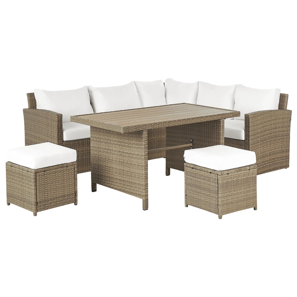 Set divano ad angolo da giardino marrone Rattan Sintetico bianco cuscini divano a 5 posti tavolo 2 ottomani set da pranzo all'aperto