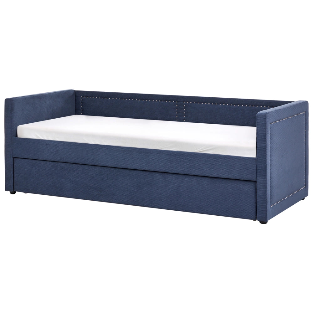 Letto da giorno estraibile velluto a coste blu marino 90 x 200 con rete a doghe e testiera con chiodini