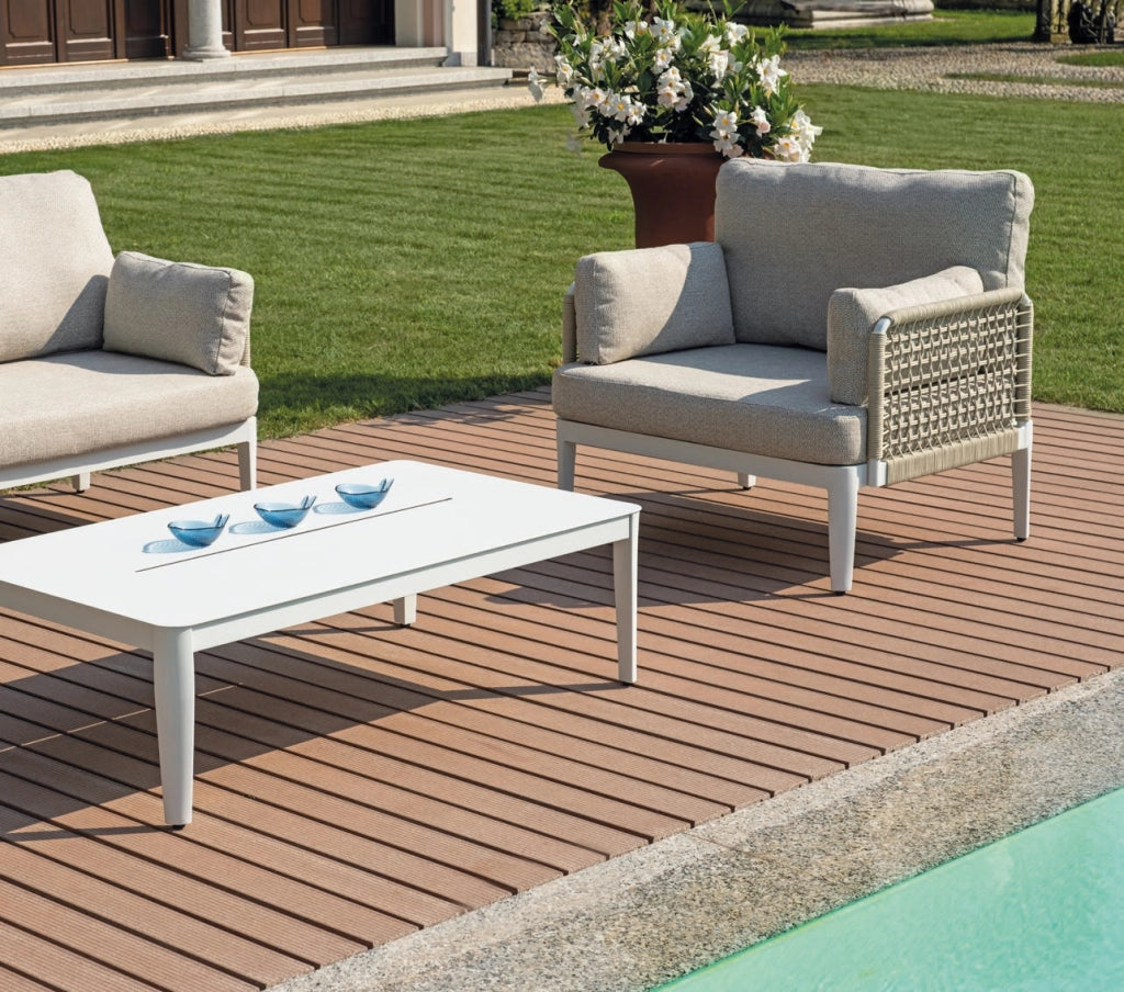 Salotto da esterno divano con poltrone e tavolino alluminio bianco, corda beige Bandol