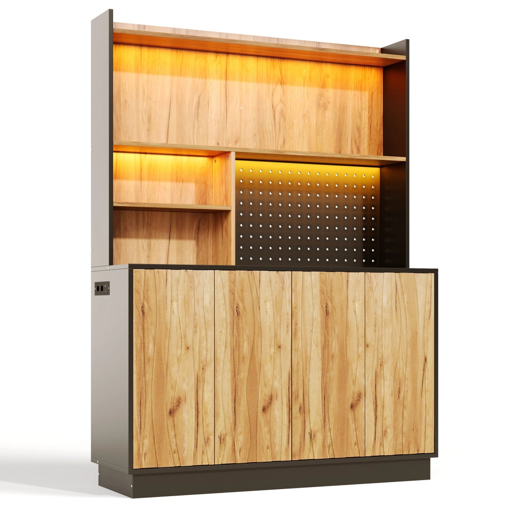 Mobile cucina 120x43x160 cm con LED RGB e prese in MDF naturale e nero