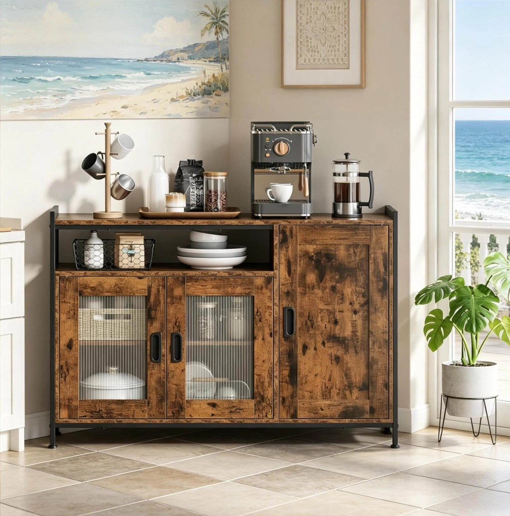 Sideboard in stile industriale con anta e vano aperto, 110x33x75 cm, colore marrone rustico