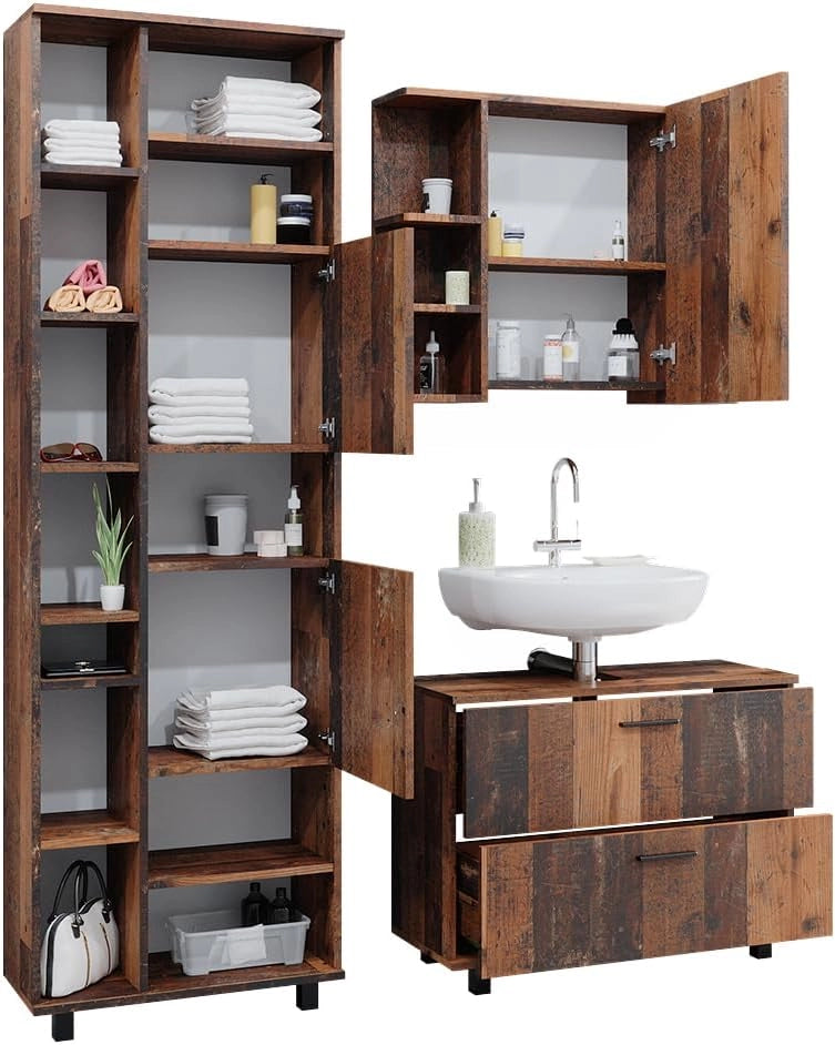 Set di mobili da bagno Ilias, Rovere rustico, 80.2 cm, composto da mobile sottolavabo, specchiera e colonna alta