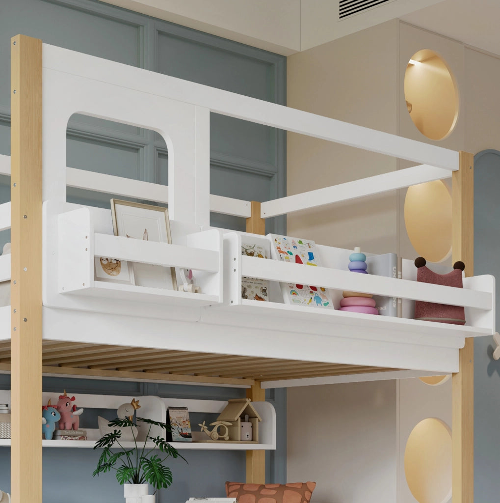 Letto a castello 90x200 cm bianco e naturale in legno e MDF con scala contenitore