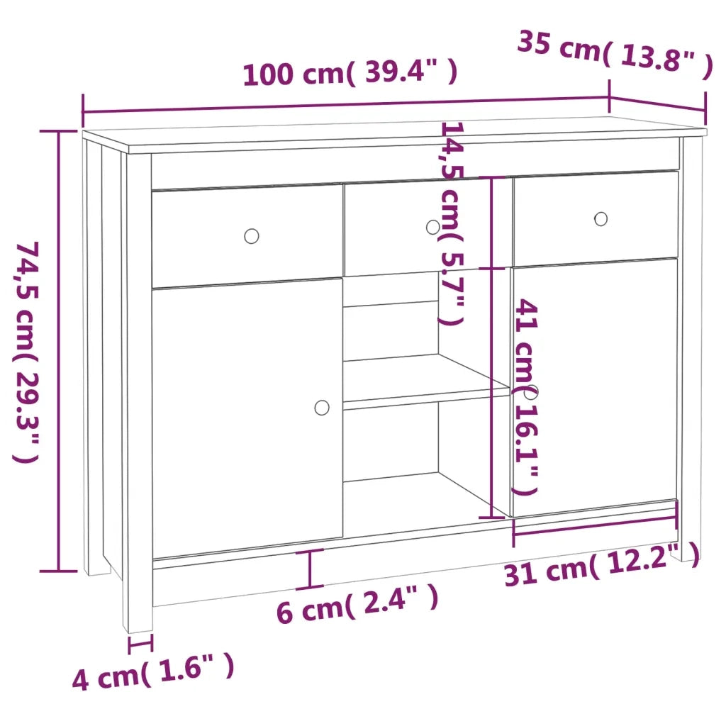 Credenza Bianca 100x35x74,5 cm in Legno Massello di Pino 814550
