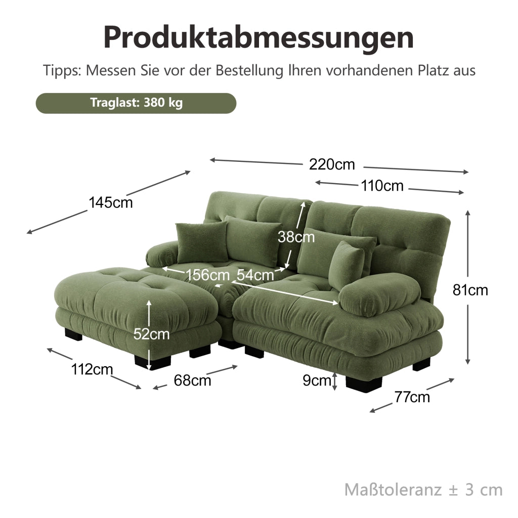 Divano modulare con pouf mobili in ciniglia verde