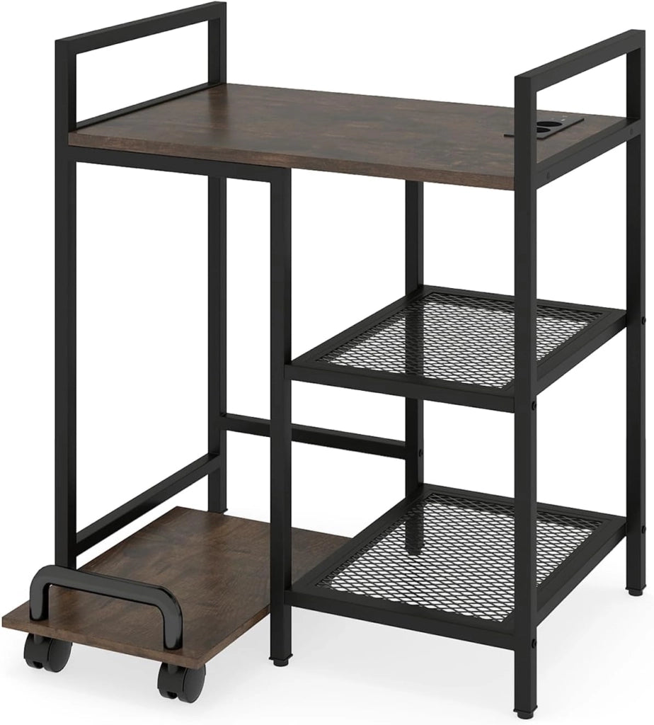 Tavolo per stampante con prese, tavolino ausiliario a 3 livelli con ripiano mobile con ruote, 63,5 x 40 x 72 cm, supporto per stampante per ufficio, camera da letto, soggiorno (marrone)