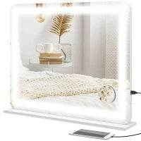 Specchio per Trucco con LED Regolabili, Ingranditore 10x, Presa USB e Comandi Touch, 80x62x14cm