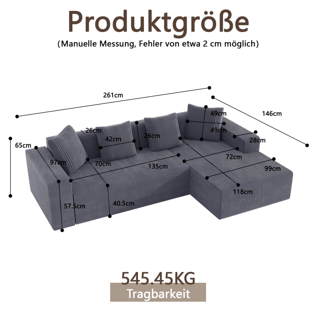 Divano modulare 261x146 cm grigio in velluto a coste con chaise longue