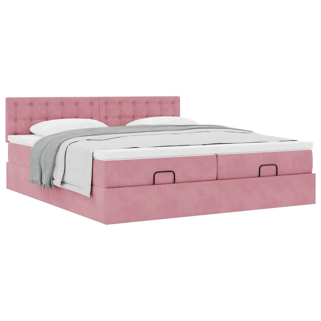 Struttura Letto Pouf con Materassi Rosa 160x200 cm Velluto