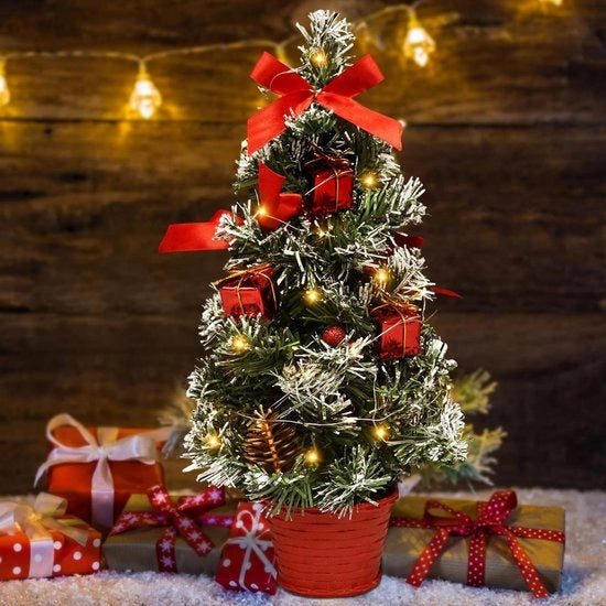 Albero di Natale miniatura 40 cm con illuminazione e decorazione (rosso)