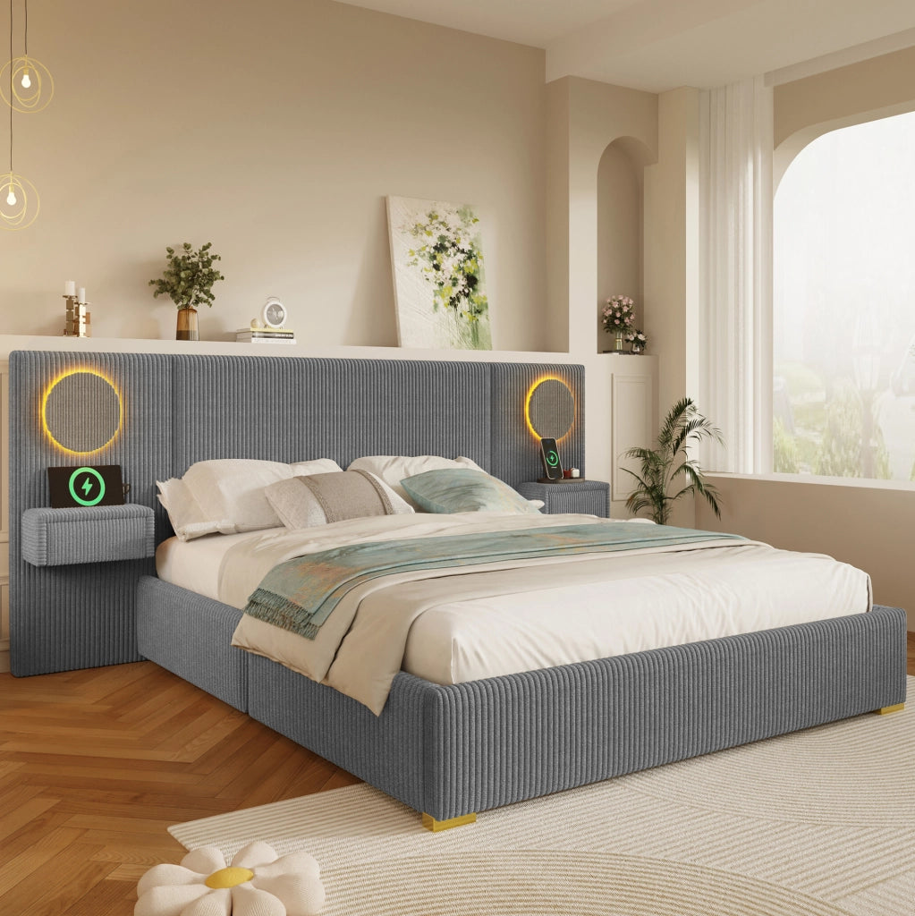 Letto imbottito 180x200 cm in velluto grigio con testiera LED, USB e comodini