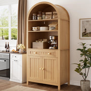 Credenza alta con 2 ante, cassetto e ripiani aperti, portaspezie interni, per cucina e soggiorno, in MDF, naturale