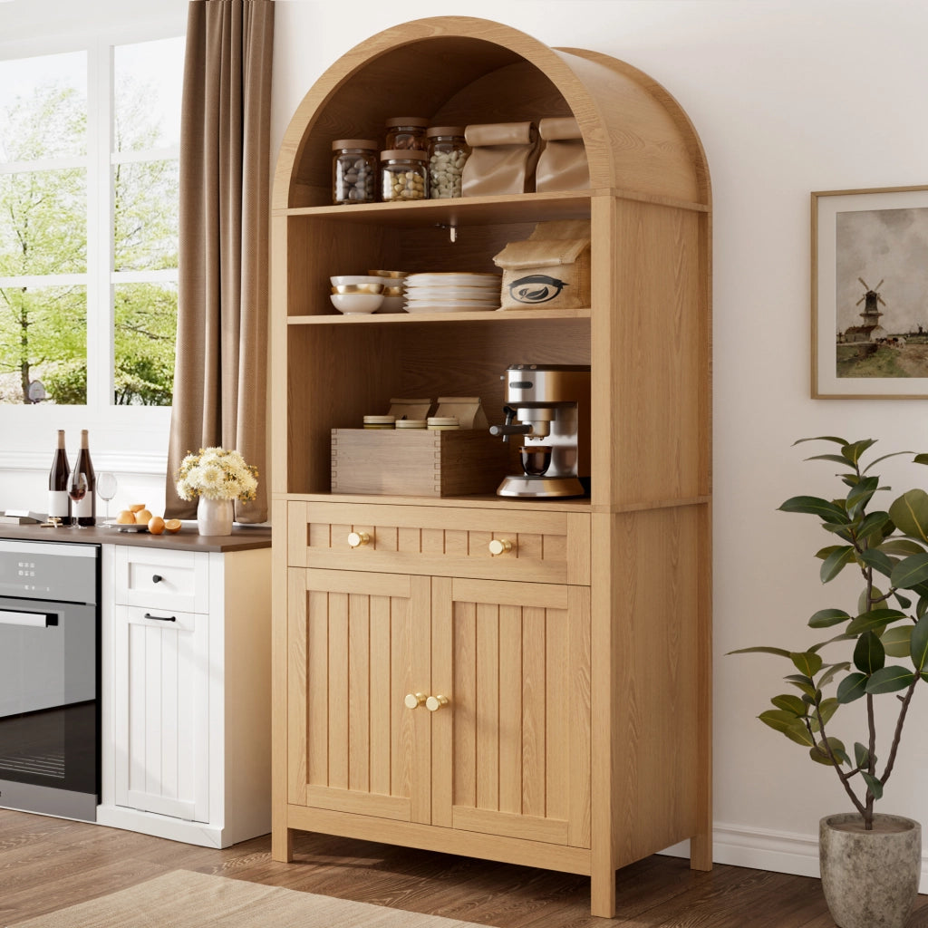 Credenza alta con 2 ante, cassetto e ripiani aperti, portaspezie interni, per cucina e soggiorno, in MDF, naturale