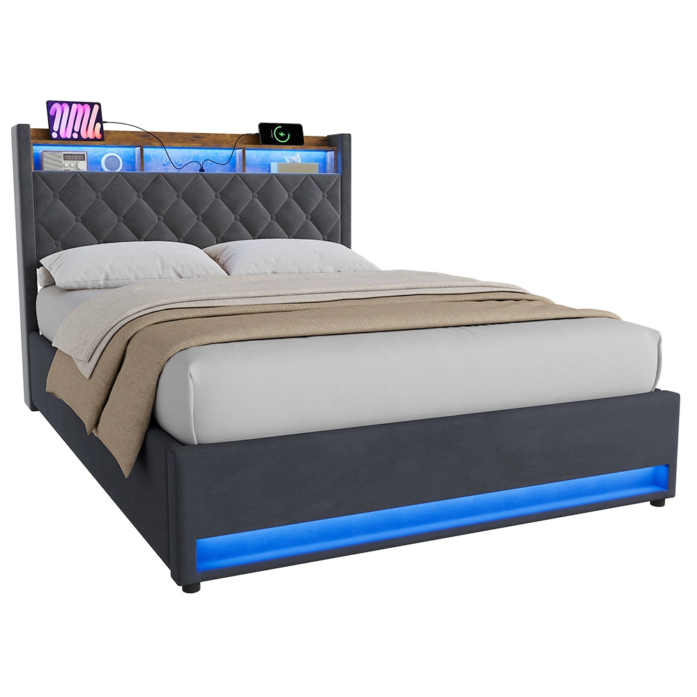 Letto Imbottito 140x200 cm Grigio Scuro in Velluto con Rete a Doghe