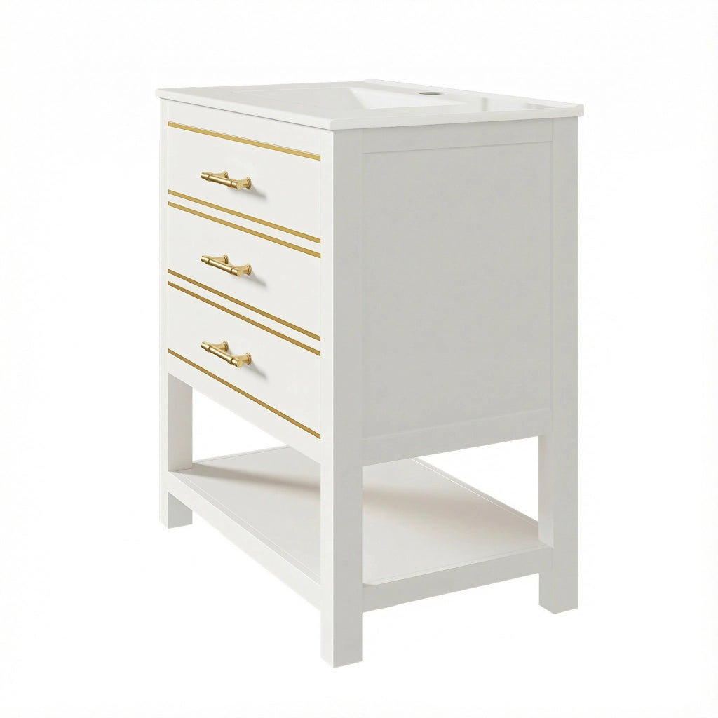 Mobile sottolavabo con lavabo in ceramica, 2 cassetti e vano aperto in MDF laccato bianco oro 76 × 46,5 × 86 cm