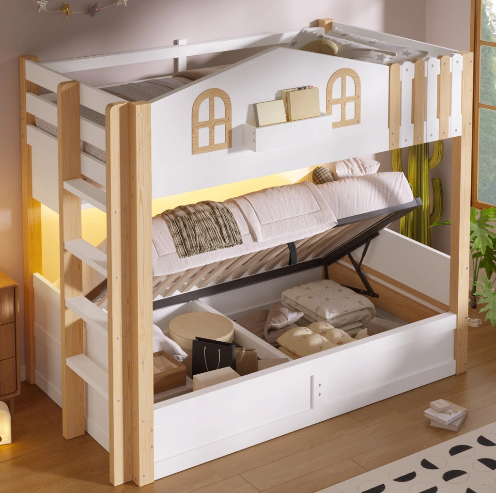 Letto a castello 213.5x103.5x162 cm con contenitore idraulico; LED; legno; bianco e naturale