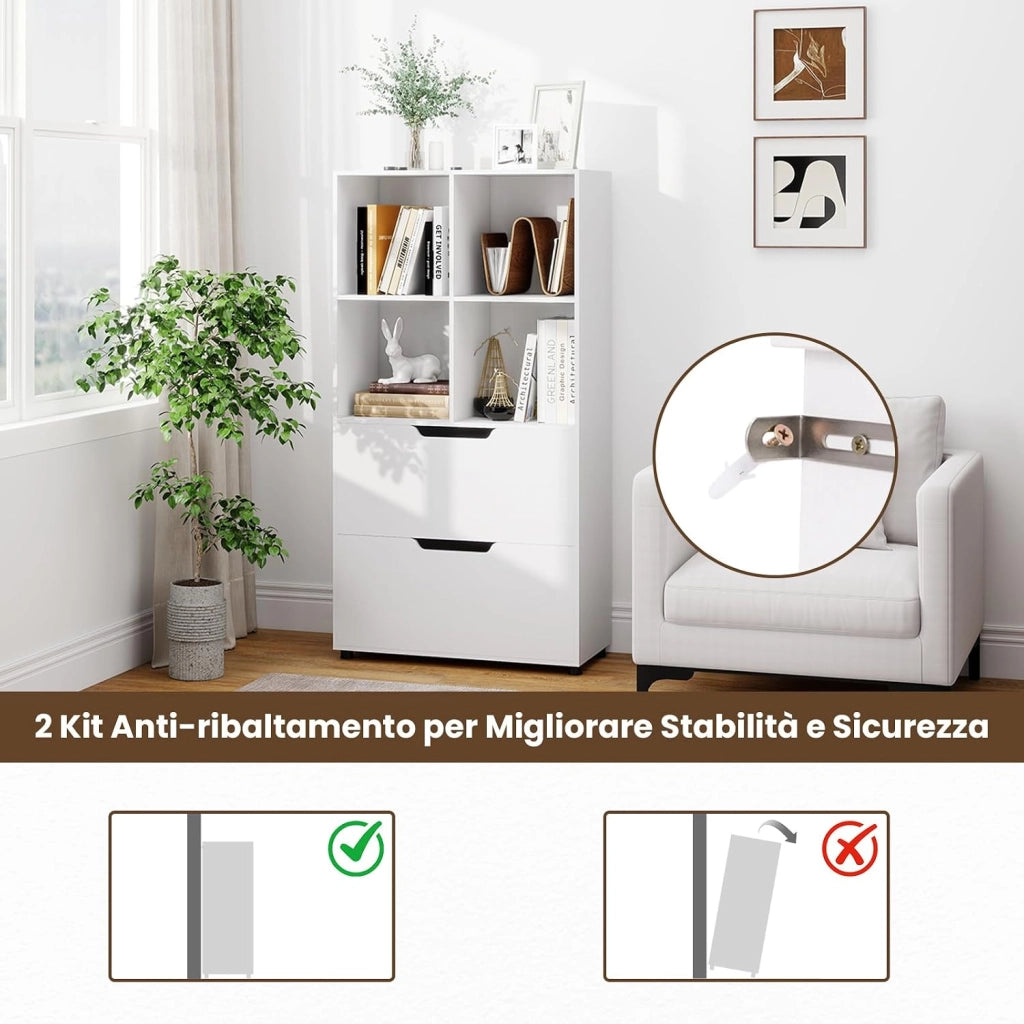Libreria a 4 Cubi con 2 Cassetti, Scaffale Alto a 5 Ripiani da 130 cm, Libreria Moderna a Cubi Aperti, Organizer in Legno per Soggiorno, Studio, Ufficio Domestico (Bianco)