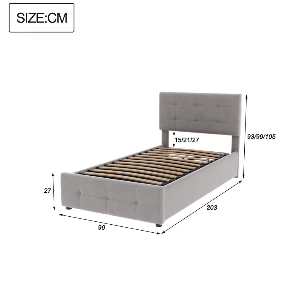 Letto imbottito per bambini 90x200 cm con contenitore idraulico; testiera regolabile; velluto grigio