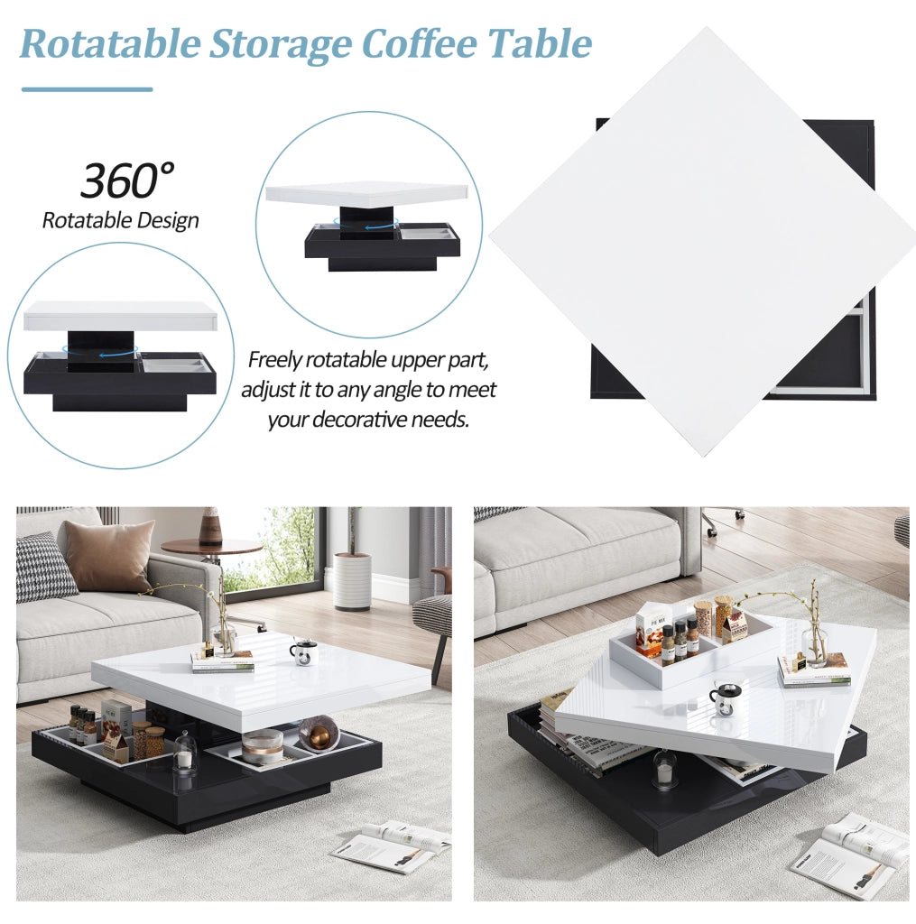 Tavolino da salotto girevole 360° 70x70x36 cm in truciolare bianco e nero; con vano portaoggetti