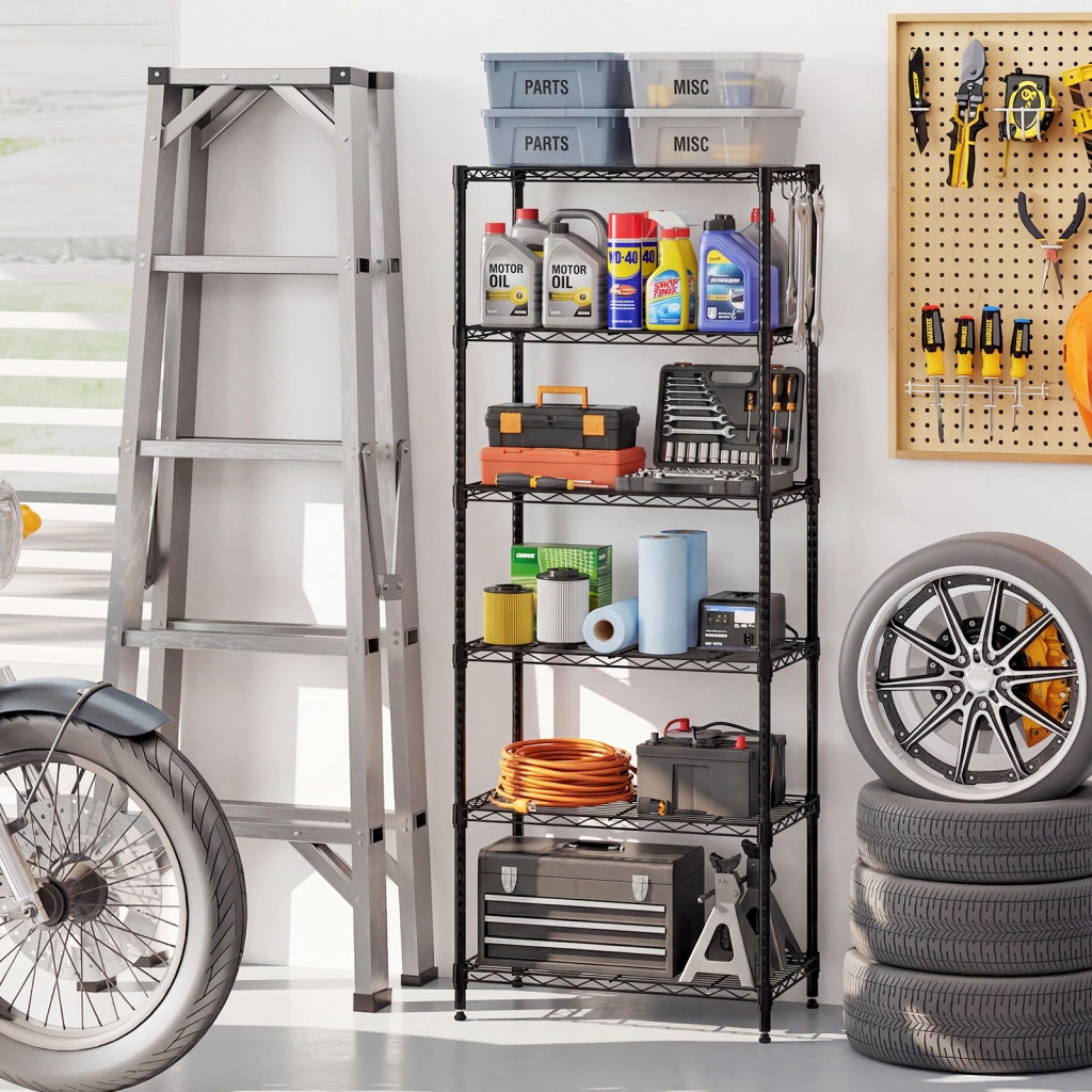 Scaffale metallo 6 ripiani regolabile resistente rete v, Scaffale organizzatore casa cucina garage 408 kg