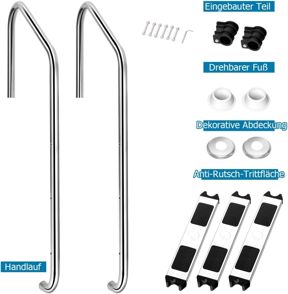 Scaletta Telescopica in Acciaio Inossidabile, Scaletta Piscina Fuori Terra a 3 Scalini Antiscivolo, Portata Fino a 150 KG, Scala per Piscina, Barca, Ponti, Pontile Galleggiante, 53 X 63 X 147 CM