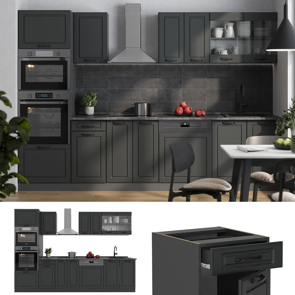 Cucina componibile R-Line Antracite rustico/Antracite 300 cm con armadio alto, PL Rovere Vicco