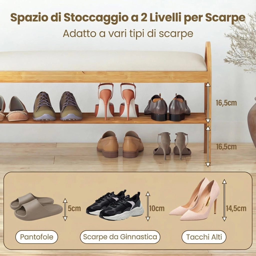 Scarpiera con Cuscino, Panca Porta Scarpe con Coperchio Imbottito a Ribalta, Scomparto Nascosto, Panca Imbottita per Ingresso Corridoio Camera da Letto, 101 x 31 x 51 cm (Beige)