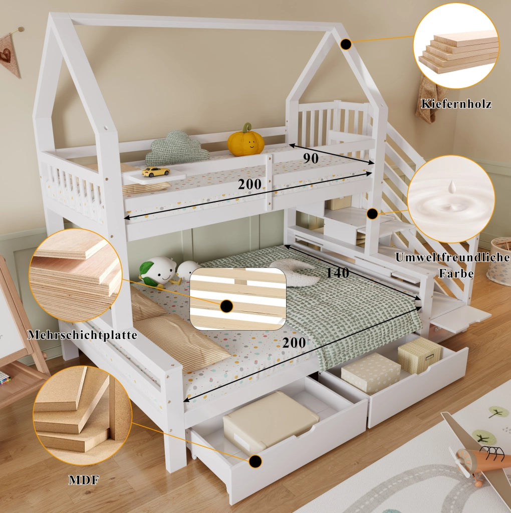 Letto a castello per bambini con scaletta contenitore e cassetti